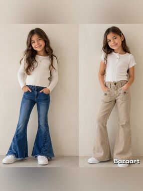 2pc Sz 7  flare Stretch Patch Work Bell Bottom Jeans 1st KISS Gap Beige